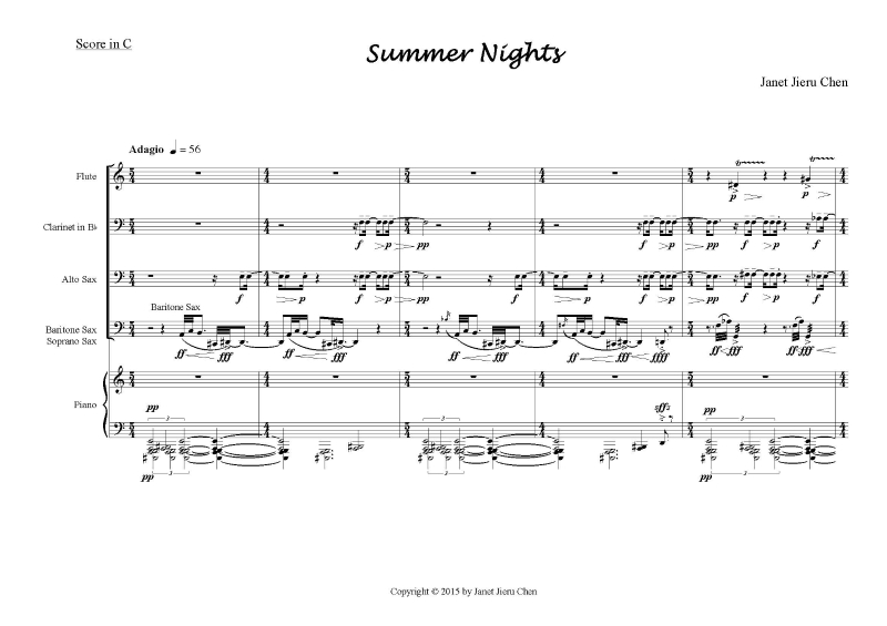 中華民國現代音樂協會委託創作：陳玠如《夏夜》為長笛、單簧管、兩支薩克斯管與鋼琴-曲譜首頁