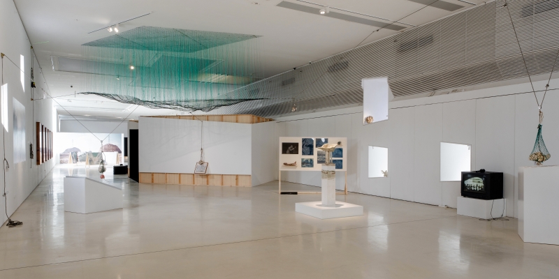 張致中「受邀廣東時代美術館策展《島亦有道 One Way Ashore, a Thousand Channels》參展計畫」展出作品:《珊瑚洲》(The Coral Island),漁網、海廢纜繩、珊瑚礁、⾦屬結構、雷射⽔平儀、現成物、數位印刷文件裱框,現地製作,依空間尺⼨⽽定,2020-2024