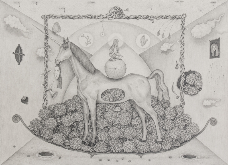 王佩瑄「《原型徘徊》長駐計畫」作品：《Iris and Unicorn》，鉛筆、紙，27×20 cm，2021