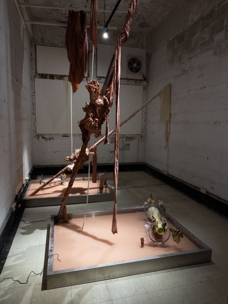 陳呈毓「沒有一樣的時間給你 Disparate Bodies Divergent Time」作品:《Dig into a wetland》 以及《No skin for settlement》 ,石膏、發泡劑、紗布、鋼管、陶土、氧化鐵、蠟、鐵網、防鳥刺、織品、羽毛,尺寸依場地而定,2024