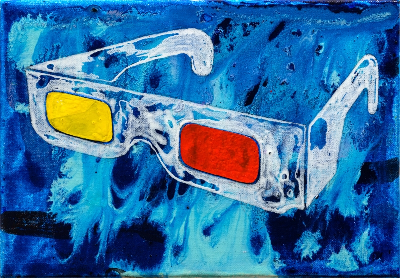 王亮尹個展「兔子洞  The Rabbit Hole 」作品：《有色的眼鏡 Colored Glasses》，壓克力顏料、畫布，19×27.5 cm，2022